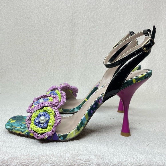 Betsey Johnson Ainsleyy Macrame Flower Sandal Heels-Womens 9-Pink/Green/Blue/Blk - Picture 5 of 14